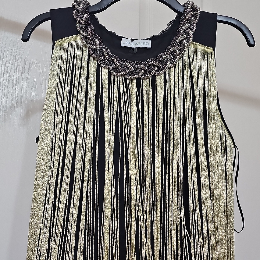 Chic Black and Gold Fringe Mini Dress - Picture 2 of 6